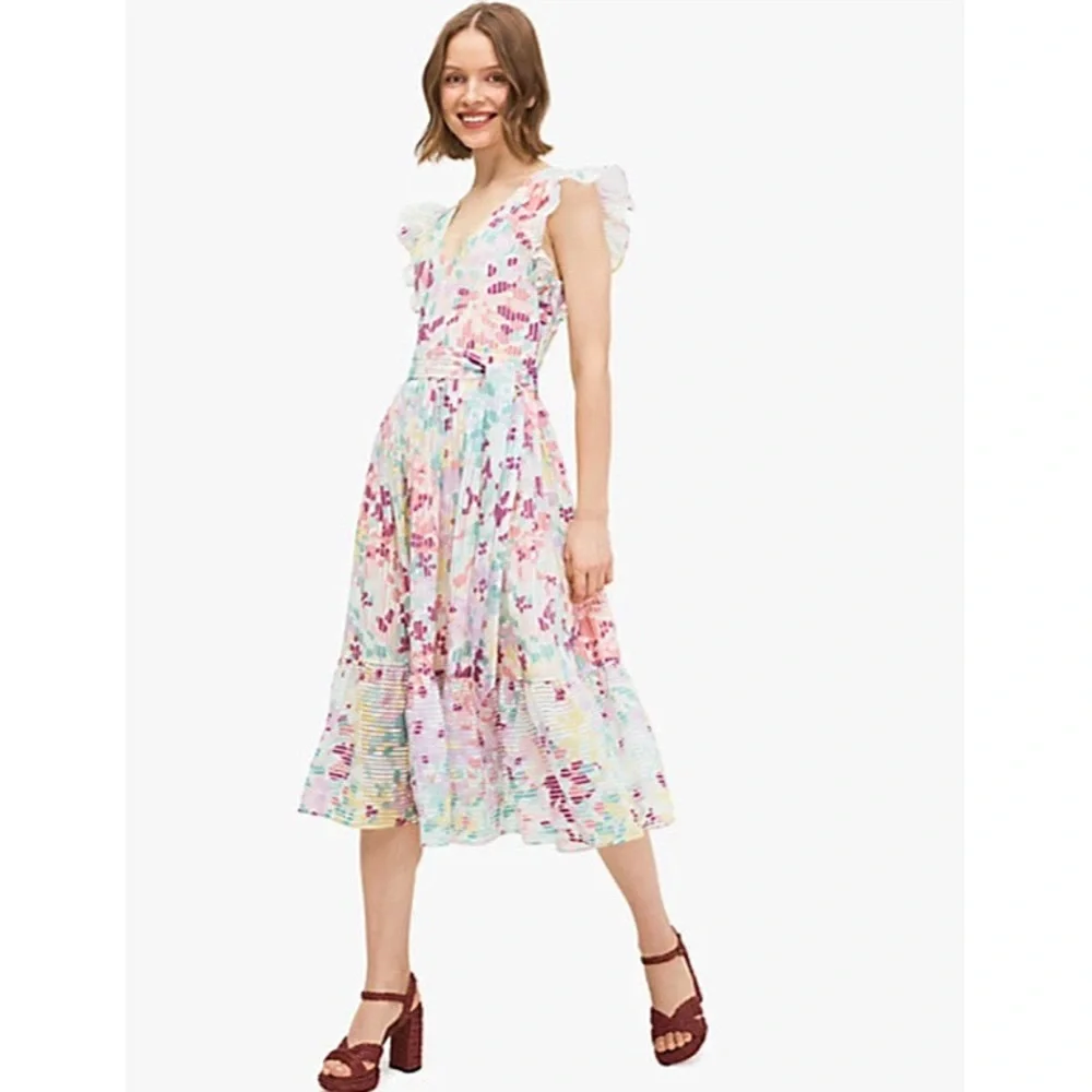Kate Spade Pastel Floral Ruffle Midi Dress Size 12